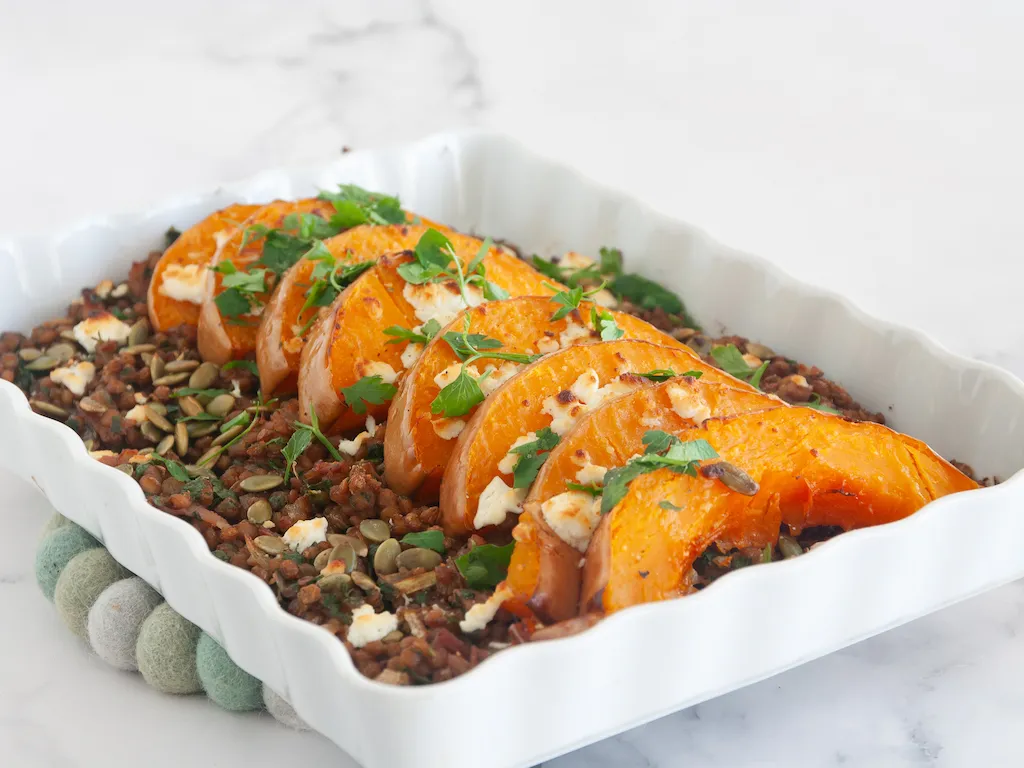 Asado de calabaza y lentejas