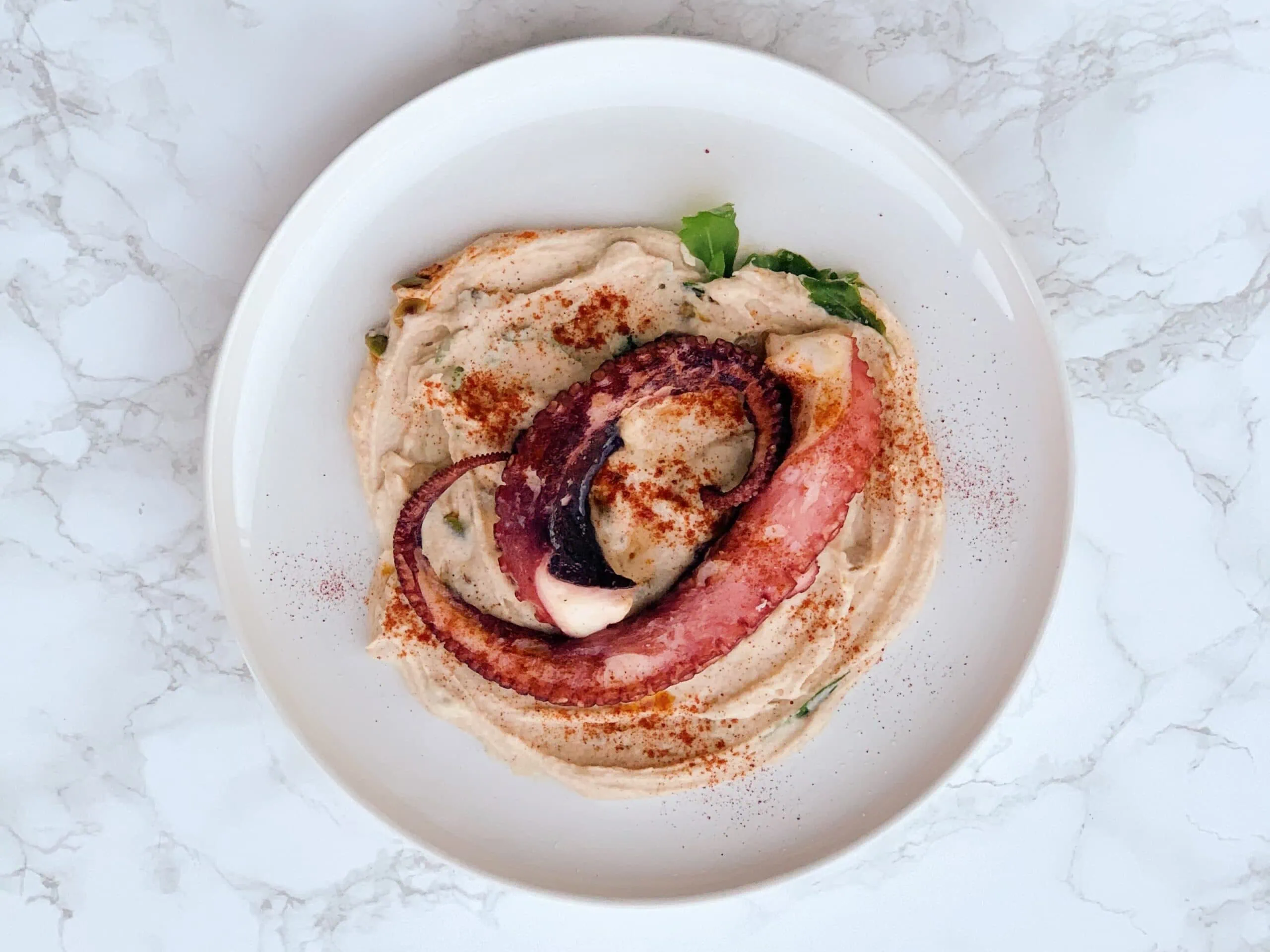 Pulpo asado con hummus de alubias blancas
